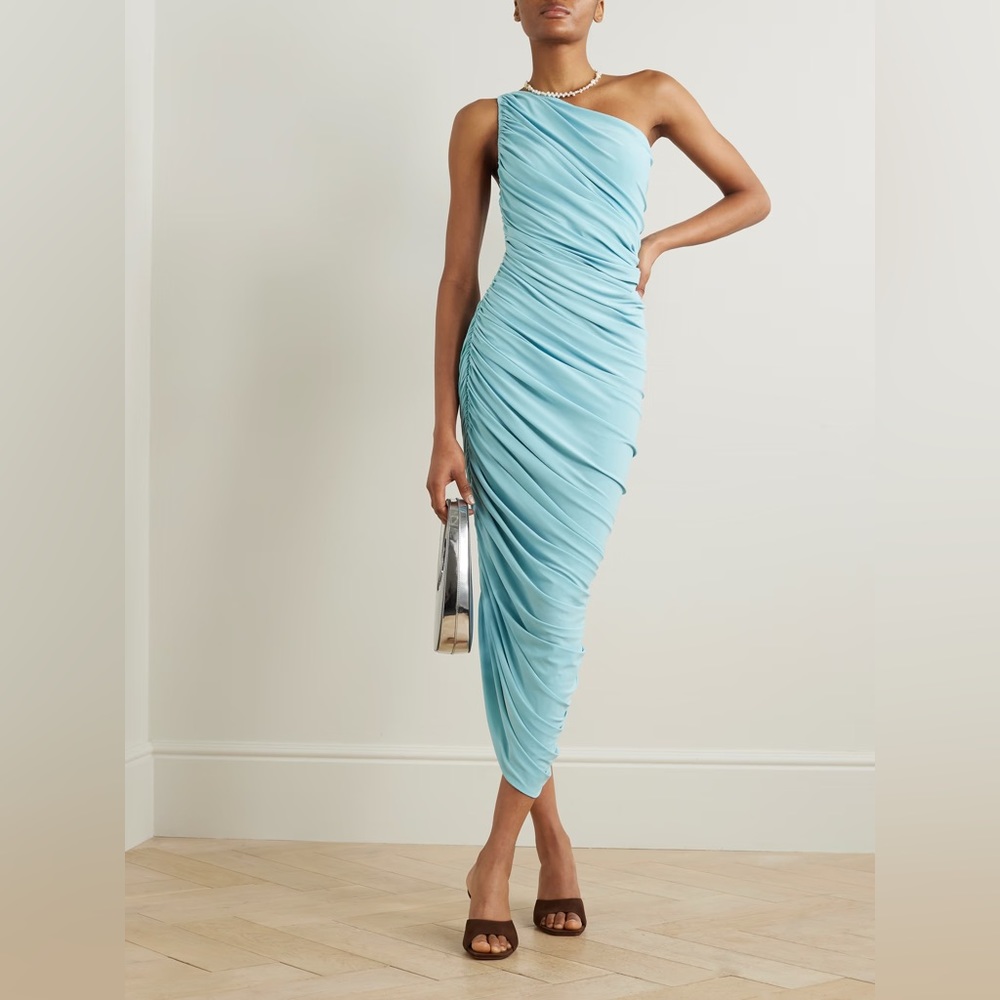 Norma Kamali Diana one-shoulder ruched stretch-jersey gown in beautiful blue